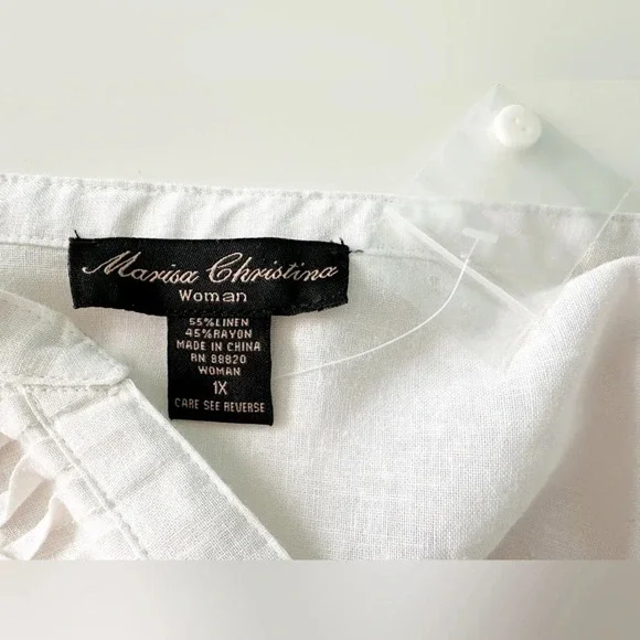 White Linen Blouse Pin Tuck Button Front 3/4 Sleeve Size 1X Marisa Christina - Picture 7 of 8